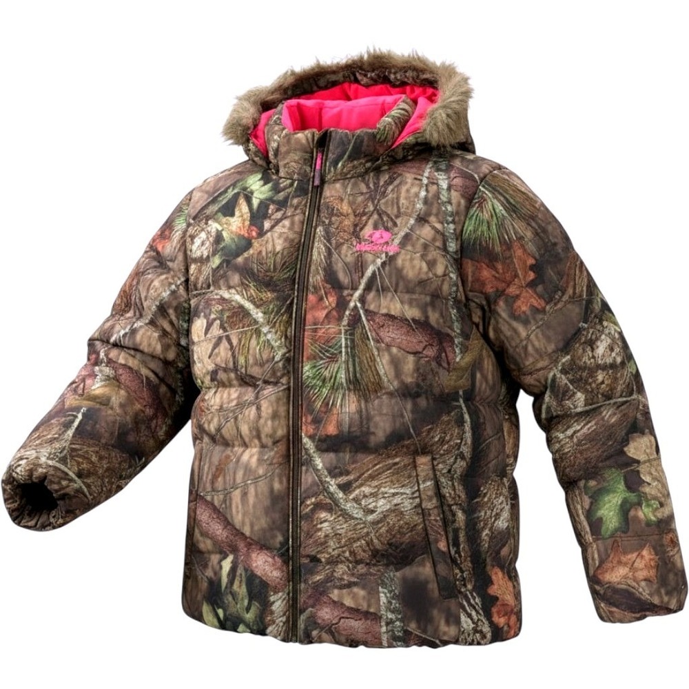 Mossy Oak Women 2XL Camo Puffer Jacket Pink Lining Faux Fur Hood